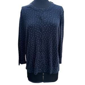 LOFT Women XL Cardigan Sweater Navy Blue White Polka Dot 3/4 Sleeve Preppy Work‎
